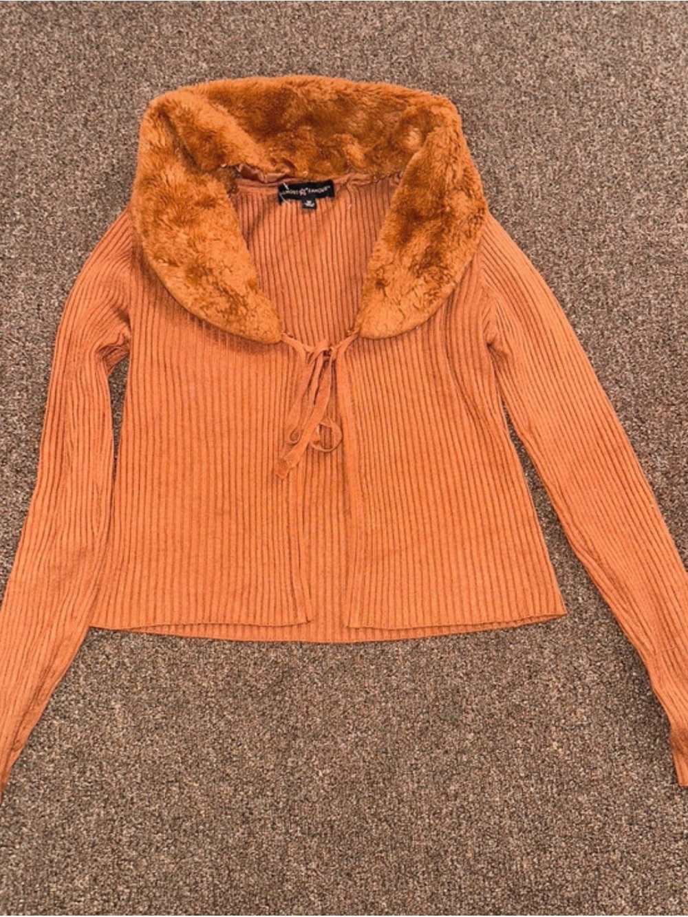 Almost Famous Ribbed Cardigan with Plush Collar - Rust